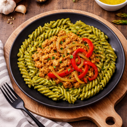 Fusilli blé complet au pesto alla Genovese avec poulet haché aux poivrons