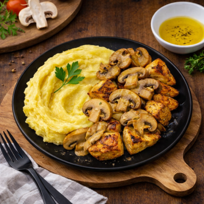 Blanc de poulet avec purée de pommes de terre et sauce aux champignons