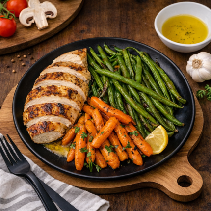 Blanc de poulet avec carottes à l’ail et haricots verts