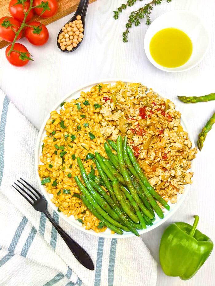 Effiloché de poulet avec blé, poivrons et Haricots vert