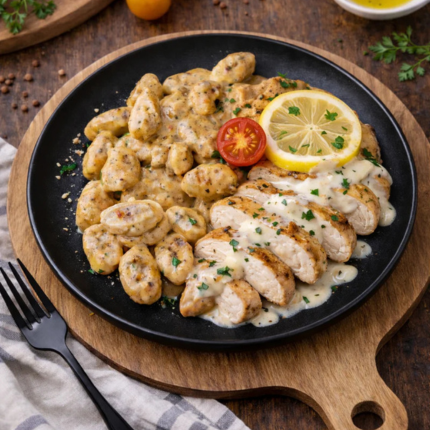 ESCALOPE DE POULET SAUCE CRÉMEUSE AVEC GNOCCHIS AU CITRON