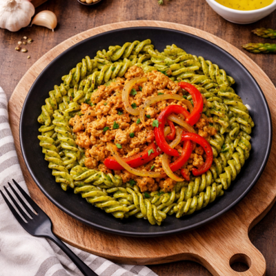 Fusilli blé complet au pesto alla Genovese avec poulet haché aux poivrons
