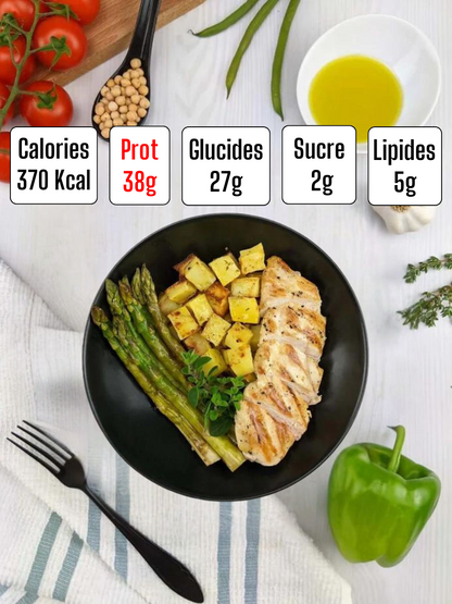 Blanc de poulet grillé avec pommes de terre à l'origan et asperges grillées