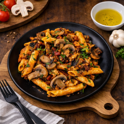 Penne au blé complet avec champignons et sauce tomate