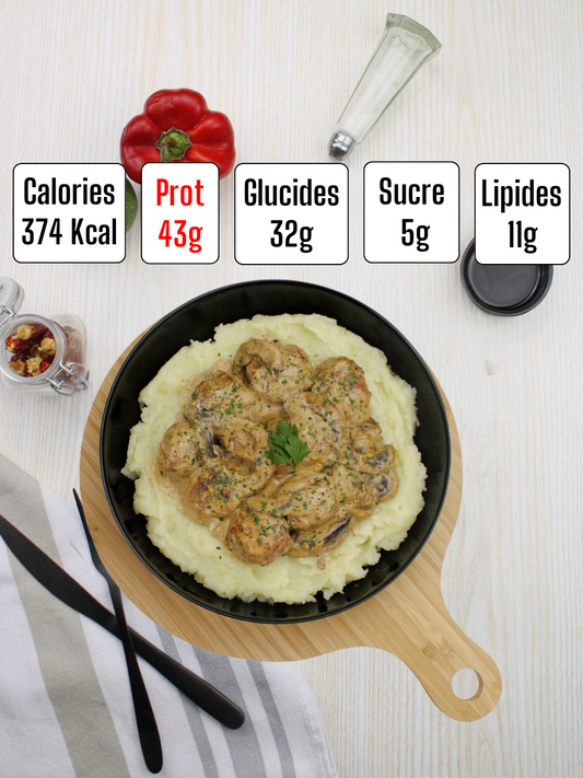 Purée de pommes de terre avec boulettes de poulet à la sauce aux champignons