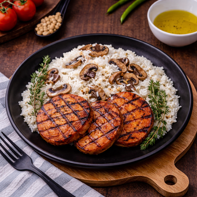 Patates douces grillées à l'ail  avec riz blanc aux champignons