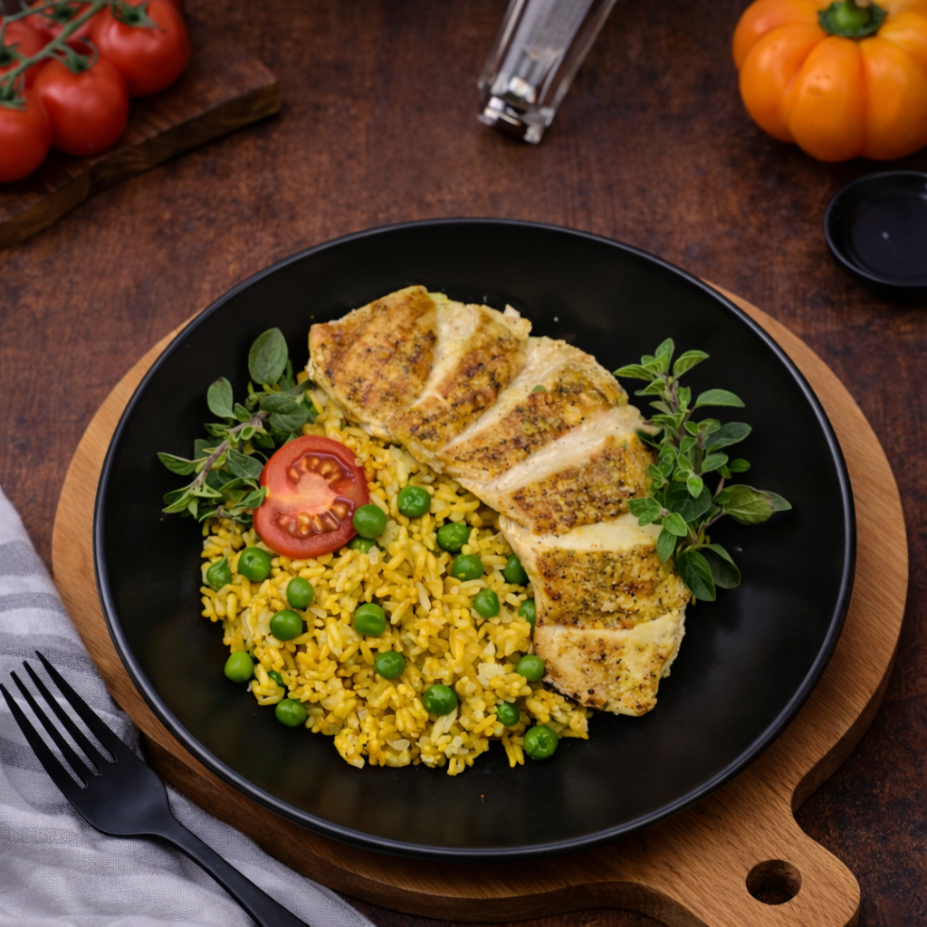 POULET GRILLÉ AU CURRY AVEC RIZ JAUNE ET PETITS POIS