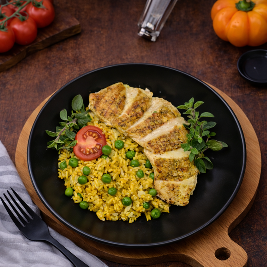 POULET GRILLÉ AU CURRY AVEC RIZ JAUNE ET PETITS POIS