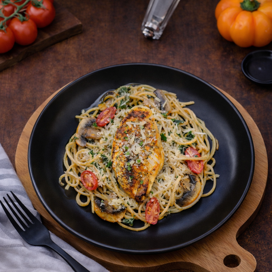 SPAGHETTI À LA CRÈME DE COCO ET MOZZARELLA AVEC BLANC DE POULET AU THYM