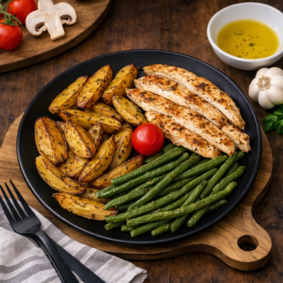 Lamelles de poulet grillé avec potatoes rôties & haricots verts