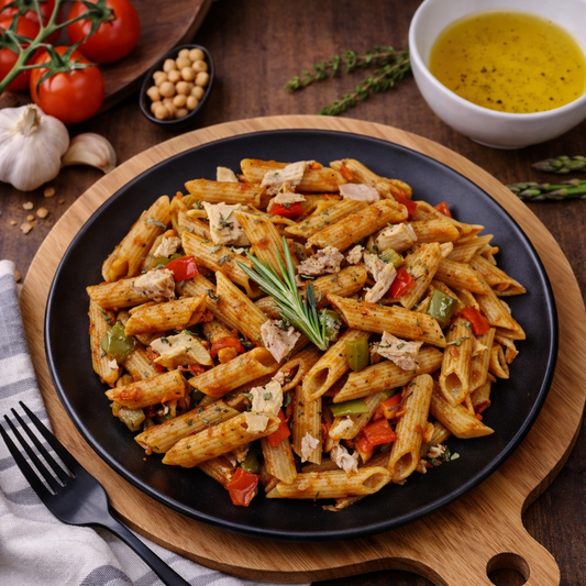 PÂTES COMPLÈTES AU THON À LA SAUCE TOMATE ET THYM