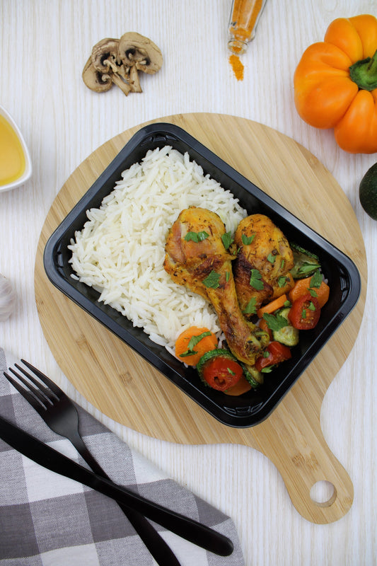 PILONS DE POULET RÔTIS AVEC LÉGUMES ET RIZ BASMATI barquette